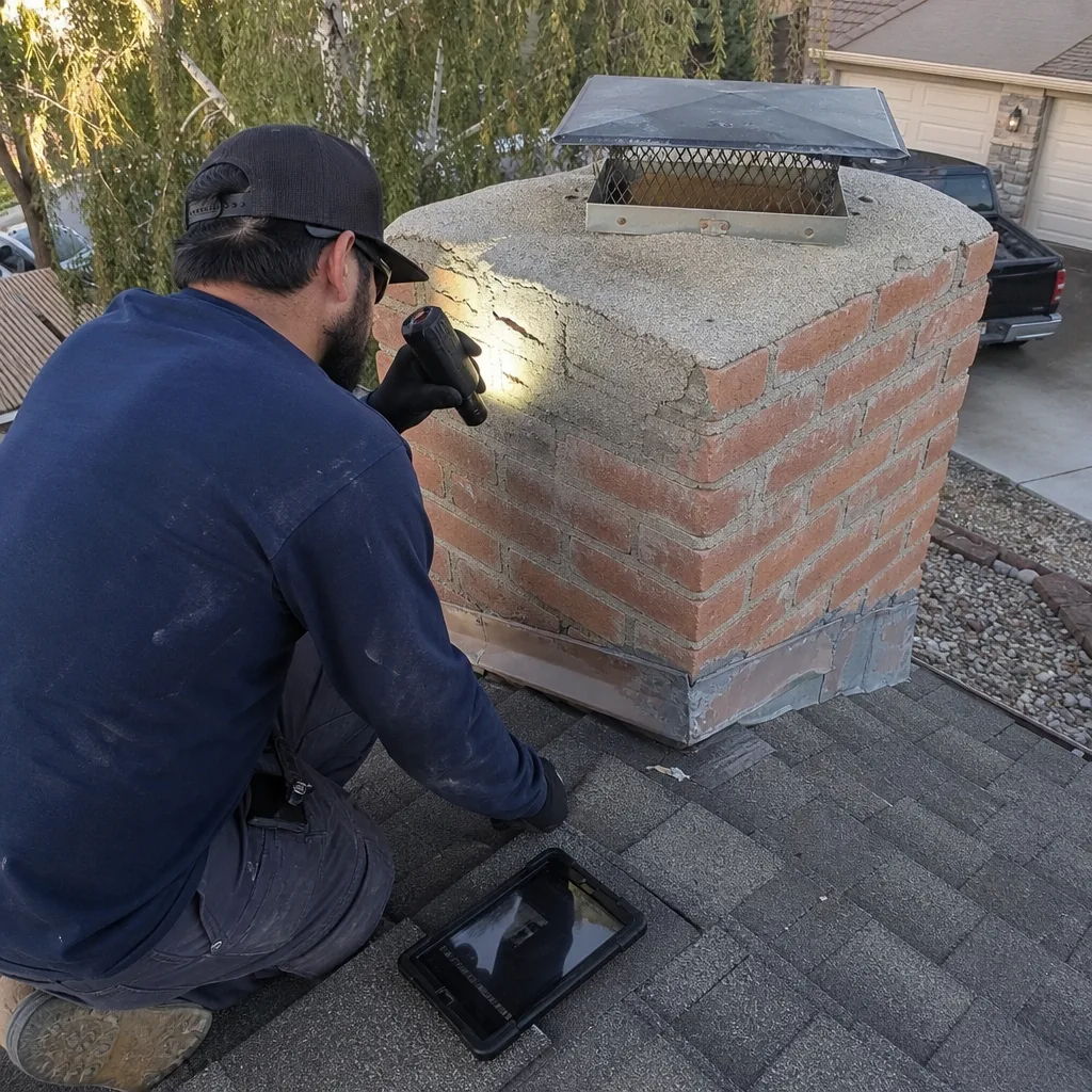 Technician performing professional chimney inspection on residential roof