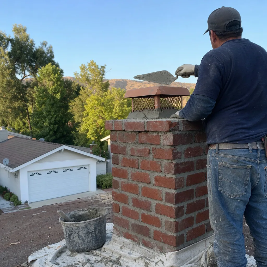 Professional chimney technician performing masonry repairs on a residential brick chimney