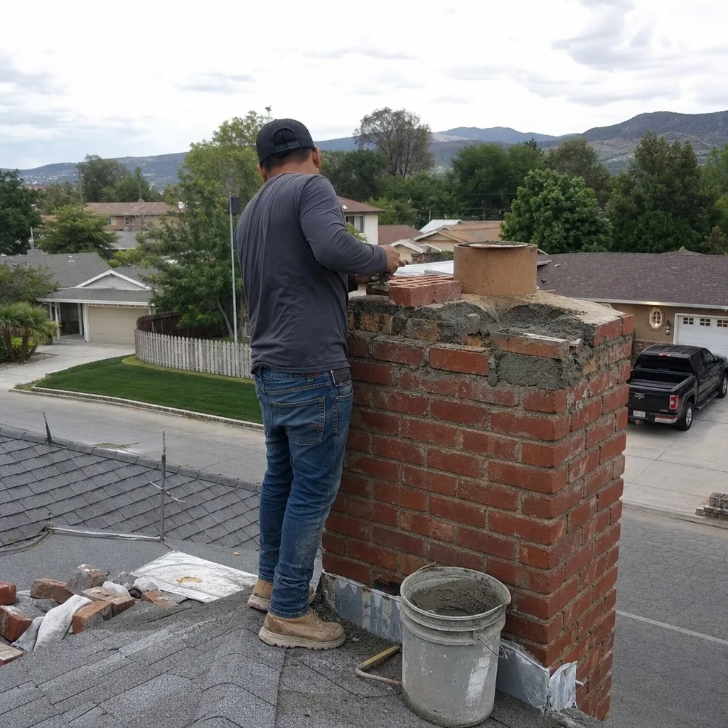 Professional mason performing chimney repair and brickwork on a rooftop.