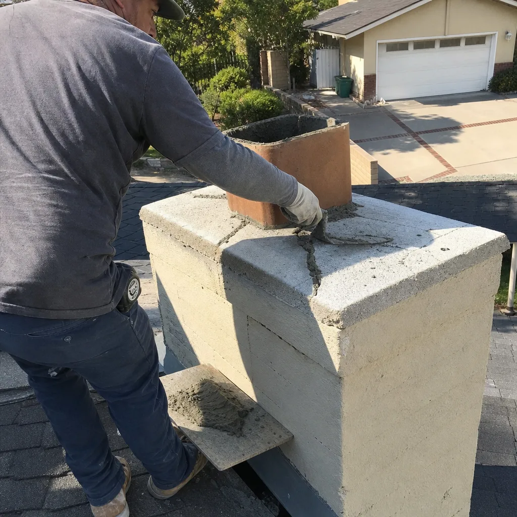 Professional mason performing chimney crown repair on a residential roof