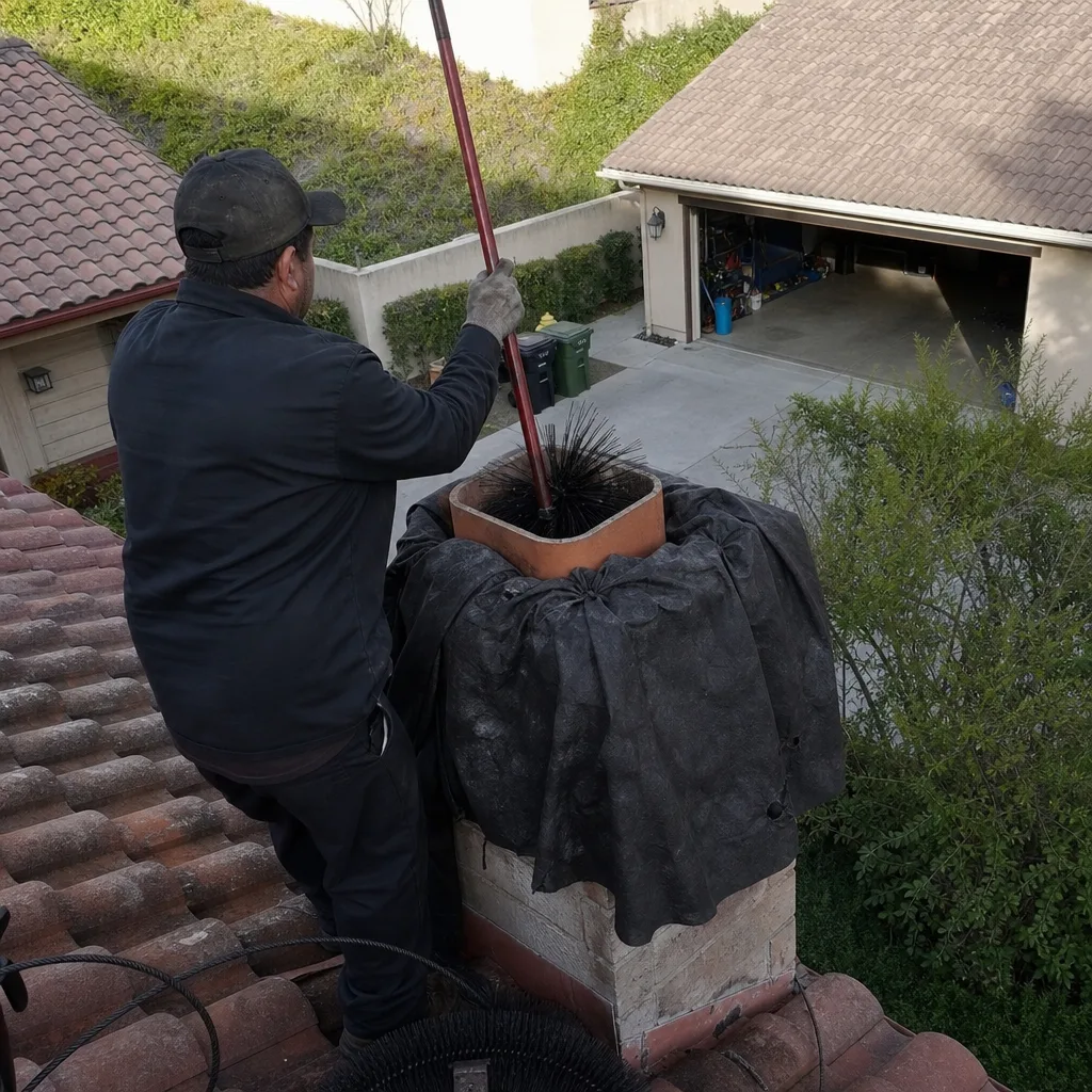 Professional chimney sweep cleaning a fireplace flue from the roof.